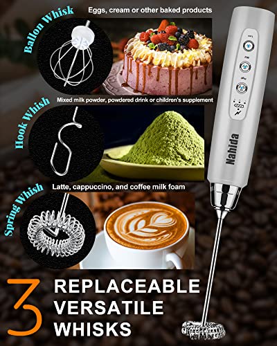 Nahida Handheld Milk Frother for Coffee with Stand， Rechargeable Drink Foam Mixer with 3 Heads 3 Speeds Electric Stirrers for Latte, Cappuccino, Hot Chocolate, Egg, Cord-Free