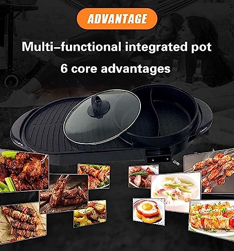 Electric 2 in 1 Grill with Shabu Shabu Hot Pot. Multifunctional Indoor Teppanyaki Korean BBQ Capacity for 2-10 People