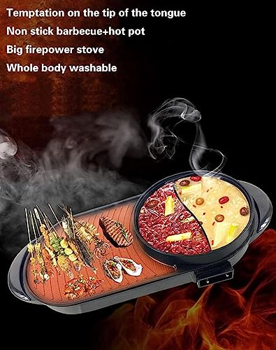 Electric 2 in 1 Grill with Shabu Shabu Hot Pot. Multifunctional Indoor Teppanyaki Korean BBQ Capacity for 2-10 People