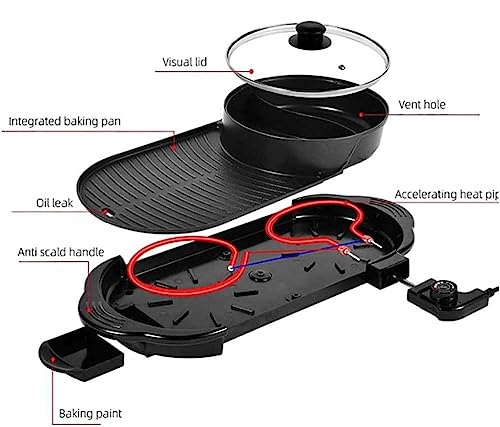 Electric 2 in 1 Grill with Shabu Shabu Hot Pot. Multifunctional Indoor Teppanyaki Korean BBQ Capacity for 2-10 People