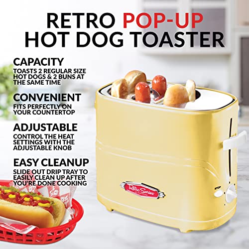 Nostalgia 2 Slot Hot Dog and Bun Toaster with Mini Tongs, Hot Dog Toaster Works with Chicken, Turkey, Veggie Links, Sausages and Brats