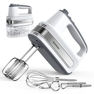 shardor electric hand mixer, 5 speed & turbo electric mixer with 5 stainless steel accessories, handheld mixer for whipping, mixing cookies, brownie, cakes, dough batters, snap-on storage case, silver