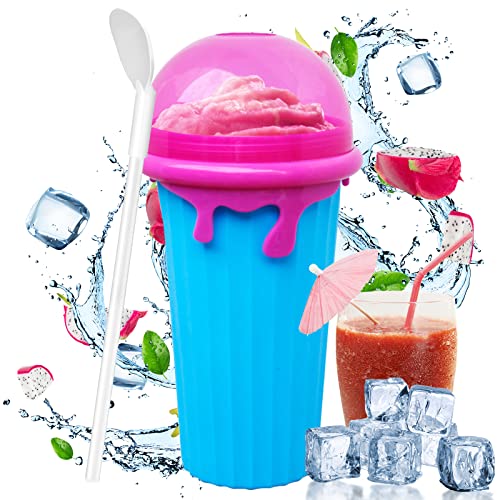 Slushie Maker Cup Squeeze, 500ml DIY Quick Frozen Magic Cup Slushy With Lids & Straws for Kids & Adults, Homemade Summer DIY Ice Cream Maker (Blue)