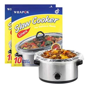 wrapok slow cooker liners cooking bags bpa free for oval or round pot, large size 13 x 21 inch, fits 3 to 8.5 quarts - 2 pack (20 bags total)
