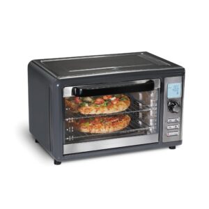 hamilton beach countertop air fryer oven with sure-crisp technology, xl capacity for 2 12” pizzas, two 9” x 13” pans and 4 rack positions, digital controls, grey (31390)