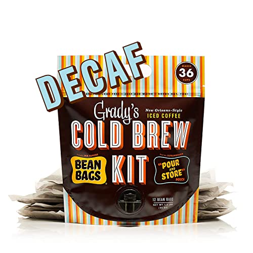 Grady's Cold Brew Coffee | Decaf | New Orleans Style Cold Brew Concentrate | 12 Bean Bags + 1 Pour & Store Pouch | 36 Total Servings