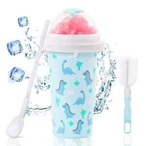 new cartoon dinosaur slushy cup, quick frozen magic slushie maker cup, double layers slushie cup with cup brush straw and spoon, diy homemade squeeze slushy maker cup for drinks juices and milk