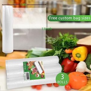 Pskang Food Saver Vacuum Sealer Bags Rolls 11" x 16' (3 Rolls) BPA Free Vacuum Seal Bags for Food Heavy Duty Puncture Prevention Food Saver Bags Rolls for Custom Fit Airtight Food Storage and Sous Vide