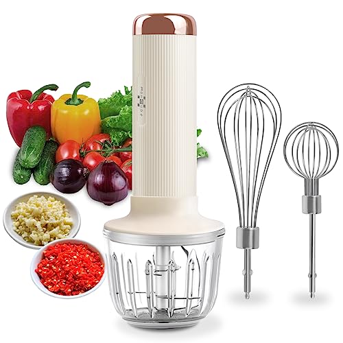 Electric Hand Mixer with 2 Whisks for Cooking Baking Supplies 4-Speed, Rechargeable Portable and Cordless Mini Food Processor for Baby Food Blender Puree & Meat,Ginger,Chili,Onion and Garlic Chopper