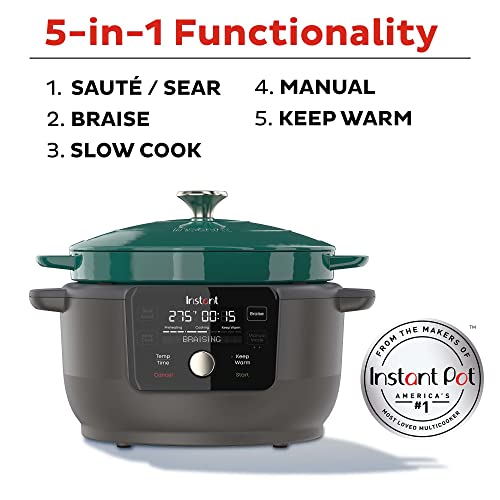 Instant Pot, 6-Quart 1500W Electric Round Dutch Oven, 5-in-1: Braise, Slow Cook, Sear/Sauté, Cooking Pan, Food Warmer, Enameled Cast Iron, Free App With 50 Recipes, Perfect Wedding Gift, Green