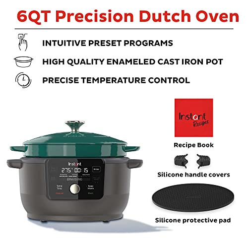Instant Pot, 6-Quart 1500W Electric Round Dutch Oven, 5-in-1: Braise, Slow Cook, Sear/Sauté, Cooking Pan, Food Warmer, Enameled Cast Iron, Free App With 50 Recipes, Perfect Wedding Gift, Green