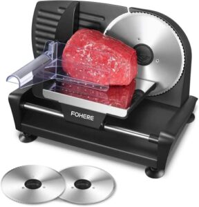 fohere meat slicer for home use, 200w electric deli food slicer with removable two 7.5” blades, 0-15 precise thickness knob cut deli food, meat ham bread fruit, include food carriage, black