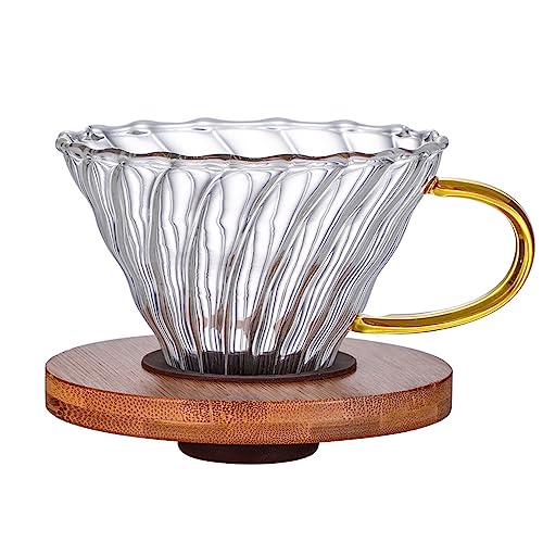 Gute Glass Coffee Dripper/Filter - Cone Glass Pour Over Coffee Dripper with Bamboo Stand & Handle, 1-4 Cups Drip Coffee Maker Funnel Accessories for Home, Office