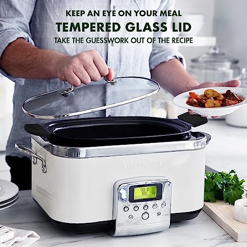 GreenPan Elite 8-in-1 Programmable 6 Quart Electric Slow Cooker,Dishwasher Safe Lid & Removable Crock, PFAS-Free Healthy Ceramic Nonstick Multi-Cooker,Sear, Sauté/Brown,Steam Basket,Roast, Cream White