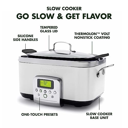 GreenPan Elite 8-in-1 Programmable 6 Quart Electric Slow Cooker,Dishwasher Safe Lid & Removable Crock, PFAS-Free Healthy Ceramic Nonstick Multi-Cooker,Sear, Sauté/Brown,Steam Basket,Roast, Cream White