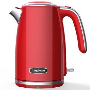 electric tea kettles 1500w for boiling water, longdeem retro 1.7l stainless steel hot water boiler with automatic shut off & boil-dry protection, bpa free, red