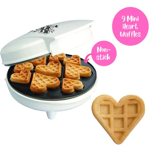 Mini Hearts Waffle Maker - Make 9 Heart Shaped Waffles or Pancakes w Electric Nonstick Waffler Iron- Unique Breakfast for Loved Ones Kids Adults, Fun Gift, Special Holiday Treat or for Summer Parties