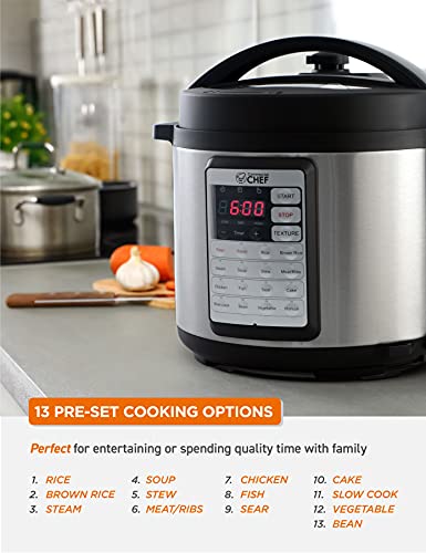 Commercial Chef Electric Pressure Cooker 6.3 Quarts, 24-Hour Preset Timer, Stainless Steel Interior with Safety Features