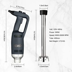 VONCI 500W Commercial Immersion Blender, 15.7" SUS 304 Removable Shaft, Heavy Duty Power Hand Mixer with Variable Speed 6000-20000RPM, Professional Electric Stick Blender for Restaurant Kitchen Use.