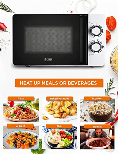 COMMERCIAL CHEF Small Microwave 0.7 Cu. Ft. Countertop Microwave with Mechanical Control, White Microwave with 6 Power Levels, Outstanding Portable Microwave with Convenient Pull Handle