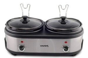 courant double slow cooker 2.5 quart crock each, 5.0 quart total pots, with individual easy cooking options, dishwasher safe stainproof stoneware pots and glass lids, stainless steel