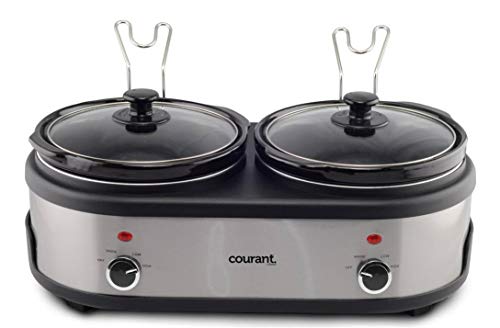 Courant Double Slow Cooker 2.5 Quart Crock each, 5.0 Quart Total Pots, with Individual Easy Cooking Options, Dishwasher Safe Stainproof Stoneware Pots and Glass Lids, Stainless Steel