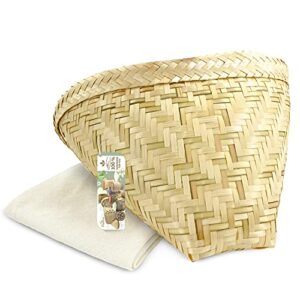 panwa traditional sticky rice cooking basket - “natural scented” - handcrafted thai bamboo wing design, medium size with 24x24 inch cheesecloth wrap included