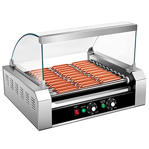 Giantex Hot Dog Roller Machine, 11 Non-Stick Rollers 30 Hot Dog Sausage Grill Cooker Machine with Removable Stainless Steel Drip Tray and Glass Hood Cover, Commercial Household Hot Dog Rotisserie