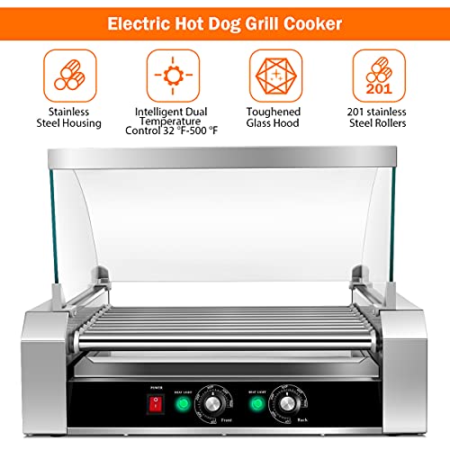 Giantex Hot Dog Roller Machine, 11 Non-Stick Rollers 30 Hot Dog Sausage Grill Cooker Machine with Removable Stainless Steel Drip Tray and Glass Hood Cover, Commercial Household Hot Dog Rotisserie