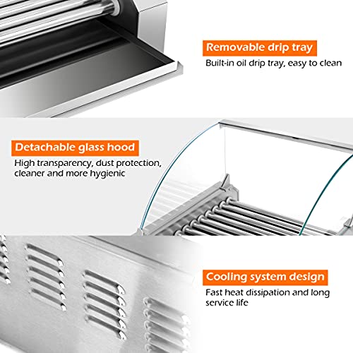 Giantex Hot Dog Roller Machine, 11 Non-Stick Rollers 30 Hot Dog Sausage Grill Cooker Machine with Removable Stainless Steel Drip Tray and Glass Hood Cover, Commercial Household Hot Dog Rotisserie