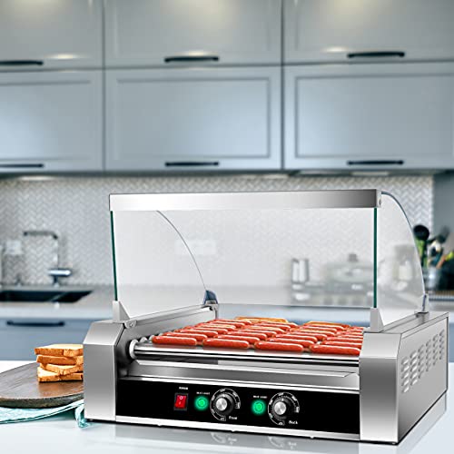 Giantex Hot Dog Roller Machine, 11 Non-Stick Rollers 30 Hot Dog Sausage Grill Cooker Machine with Removable Stainless Steel Drip Tray and Glass Hood Cover, Commercial Household Hot Dog Rotisserie