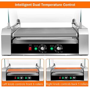 Giantex Hot Dog Roller Machine, 11 Non-Stick Rollers 30 Hot Dog Sausage Grill Cooker Machine with Removable Stainless Steel Drip Tray and Glass Hood Cover, Commercial Household Hot Dog Rotisserie