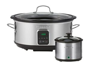 kenmore programmable 7 qt (6.6l) slow cooker with dipper sauce-warmer, black and silver, stainless steel, digital display, one-touch controls, braise, simmer, sous vide, stew, soup, chili, curry