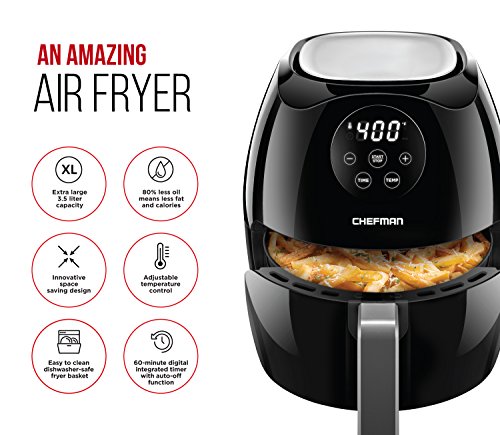 Chefman Digital 3.5 Quart Touch Screen Air Fryer Oven w/ Space Saving Flat Basket, Healthy Oil-Free Airfryer w/ 60 Minute Timer & Auto Shutoff, Dishwasher Safe Parts, BPA-Free, Black