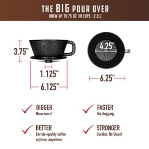 Big Joe Large Pour Over Coffee Maker w/ 50 Filters, Flat Bottom Basket Dripper for Large Batch Pour Over, Brews from 12 up to 75 Ounces, Fits Any Drinkware, Dishwasher Safe, BPA Free, Made in USA