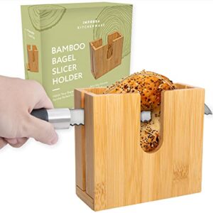 bamboo bagel slicer holder for safe & even slices - removable bottom for cleaning - bagel slicer for small and large bagels with anti-slip base - bagel holder bread slicer - bagel cutter slicer