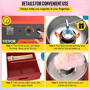 VBENLEM Commercial Cotton Candy Machine with Cart, Electric Floss Maker with Stainless Steel Bowl, Sugar Scoop and Drawer, for Family and Various Party, Red