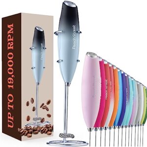 powerful handheld milk frother, mini milk foamer, battery operated (not included) stainless steel drink mixer & frother stand for coffee, lattes, cappuccino, frappe, matcha, hot chocolate. (dark sky)