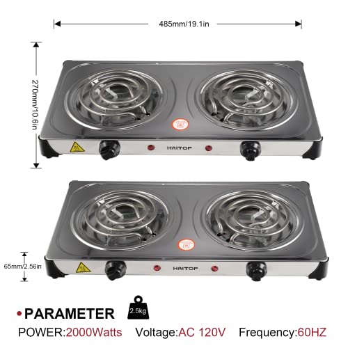 HAITOP Countertop Burner Electric Double Burners 2000 Watts Electric Hot Plate Temperature Controls Power Indicator Lights Easy to Clean