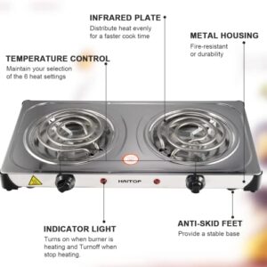 HAITOP Countertop Burner Electric Double Burners 2000 Watts Electric Hot Plate Temperature Controls Power Indicator Lights Easy to Clean