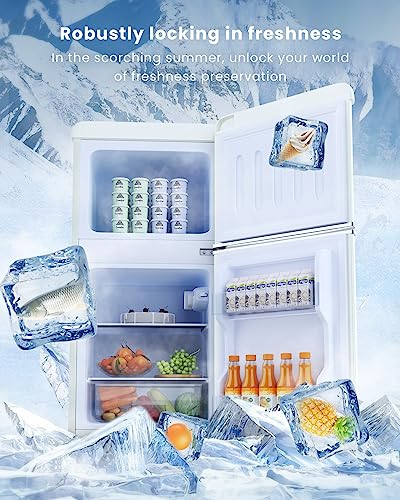 Bodare Retro Mini Fridge with Freezer: 3.2 Cu.Ft Mini Refrigerator with 2 Doors - Small Refrigerator Energy-Saving Compact Refrigerator - Small Fridge for Bedroom Dorm Office Apartment (White)