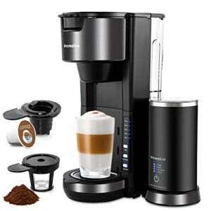 single serve coffee maker with milk frother, 2-in-1 cappuccino coffee machine for k cup pod and ground coffee, single cup brewer compact latte maker with 30 oz detachable reservoir, black