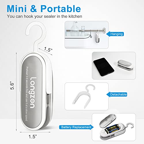 2-in-1 Bag Sealer, longzon Mini Handheld Vacuum Portable Sealer with Hook, Chip Snack Plastic Bag Heat Sealer and Cutter, Resealer Machine Keep Food Fresh, Quenta Sellador De Bolsas,Powerful Batteries