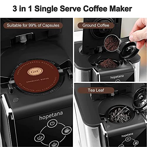 HOPETANA Single Serve Coffee Machine, 3-in-1 Pod Coffee Maker For K-Cup Capsule, Ground Coffee Brewer, Loose Tea maker, 6 to 10 Ounce Cup, Removable 50 Oz Water Reservoir