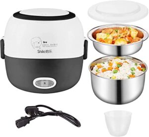 thousanday electric lunch box- 110v 200w removable stainless steel food heating rice cooker - with bowl, plate, measuring cup (black)