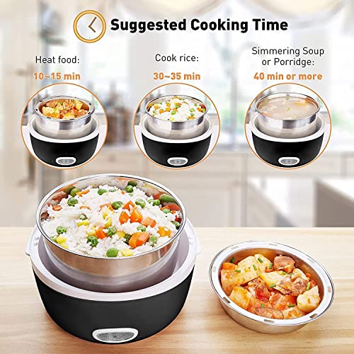 Thousanday Electric Lunch Box- 110V 200W Removable Stainless Steel Food Heating Rice Cooker - with Bowl, Plate, Measuring Cup (Black)