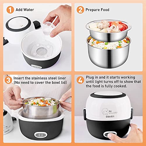 Thousanday Electric Lunch Box- 110V 200W Removable Stainless Steel Food Heating Rice Cooker - with Bowl, Plate, Measuring Cup (Black)