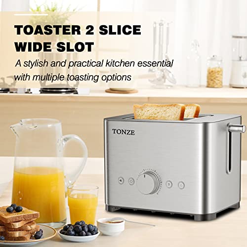 Toaster 2 Slice 1.57" Wide Slot with Heating Rack- Stainless Steel 2 Slice Toaster Easy to Use, Removable Crumb Tray Easy to Clean, Bagel/Defrost/Reheat/Cancel/6 Browning Settings Function, Save Time