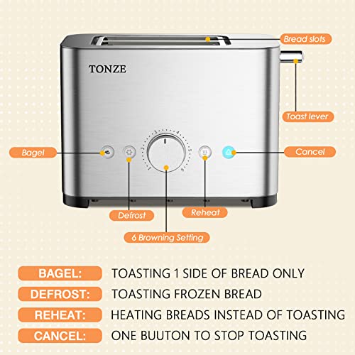 Toaster 2 Slice 1.57" Wide Slot with Heating Rack- Stainless Steel 2 Slice Toaster Easy to Use, Removable Crumb Tray Easy to Clean, Bagel/Defrost/Reheat/Cancel/6 Browning Settings Function, Save Time