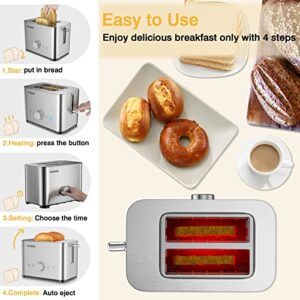 Toaster 2 Slice 1.57" Wide Slot with Heating Rack- Stainless Steel 2 Slice Toaster Easy to Use, Removable Crumb Tray Easy to Clean, Bagel/Defrost/Reheat/Cancel/6 Browning Settings Function, Save Time